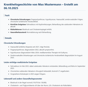 Mit unserem intelligenten Chatbot können Sie direkt mit der Patientenakte sprechen – sicher, schnell und datenschutzkonform. Einfach eine Frage tippen oder sprechen, und das LLM liefert Ihnen in Sekunden die relevanten Informationen aus dem Praxisverwaltungssystem.